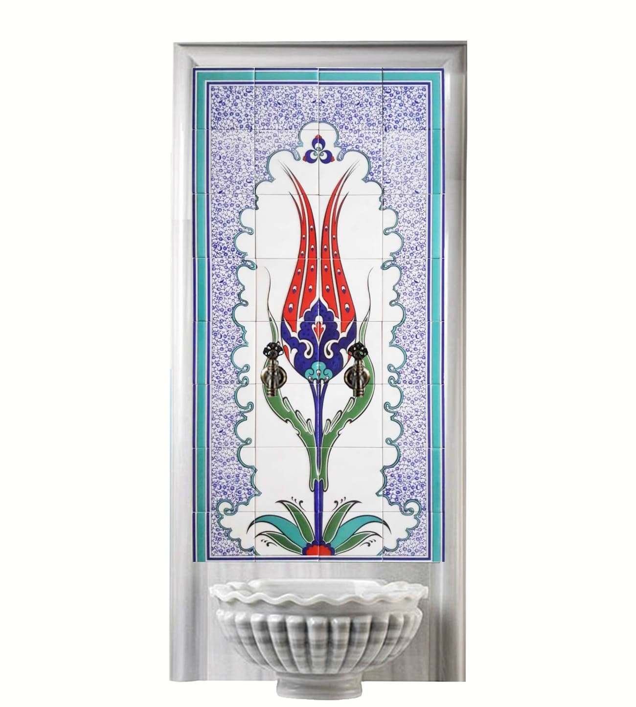 Hamam Çini-97- 80x160 Kurna Arkası Lale Desenli Çini Pano Porselen, Tile Ceramic, Turkish Tiles, Lider Çini